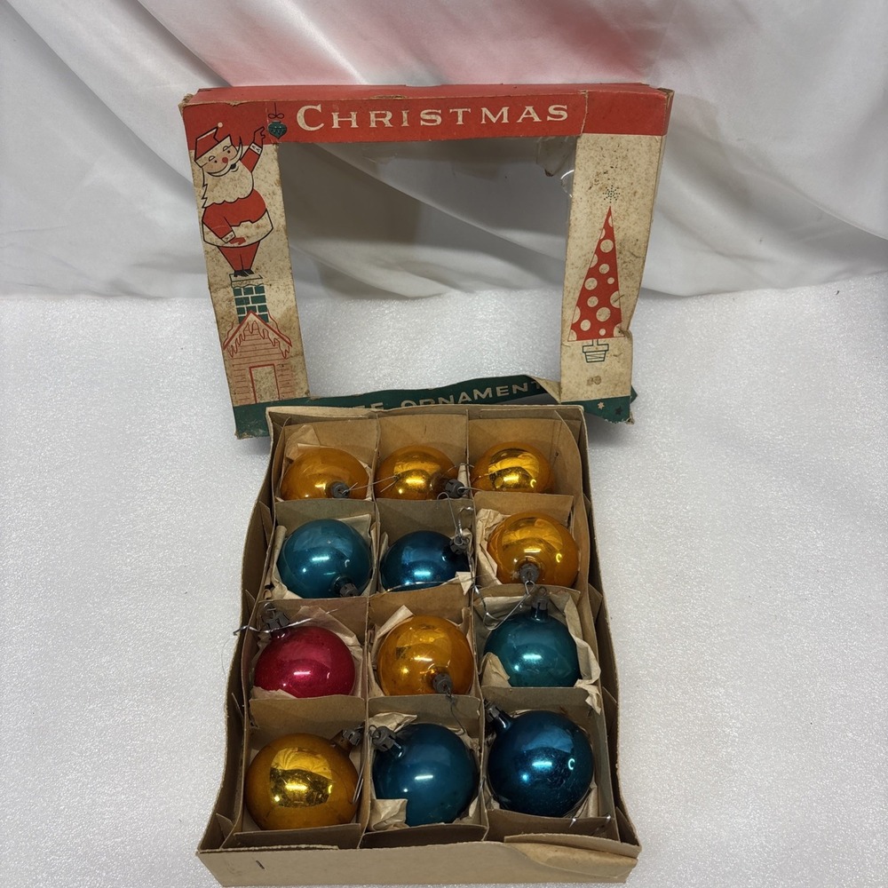 12 Vtg Poland Mercury Glass Christmas Ornaments Colorful Mix Fantasia Box